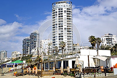 Sea coast and panorama of new modern built city Bat-Yam