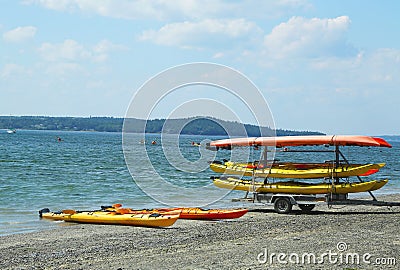 Sea kayaks ready for tourists at Bar Harbor