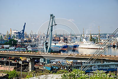 Sea port with cranes and ships