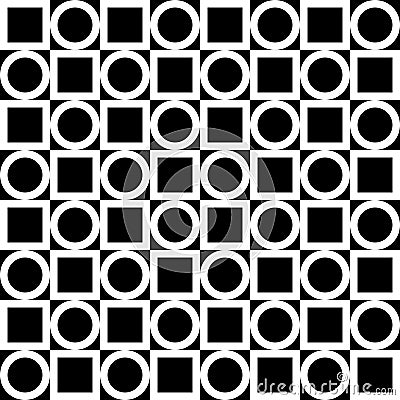 Seamless geometric pattern. White circles and squares on a black background. Vector.