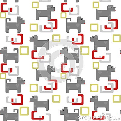 Seamless kids pattern texture with pixel dogs and geometric elem