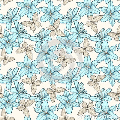 Seamless pattern with blue lilies flowers and butterflies. Hand-drawn contour lines. Perfect for background greeting cards and inv