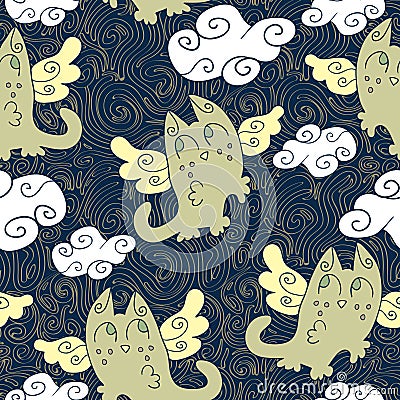 Seamless pattern with cute kitty angels