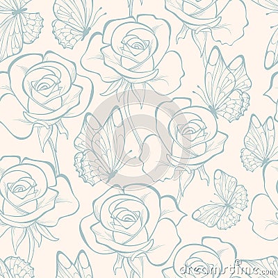 Seamless pattern with flowers roses and butterfly . Floral ornament. Hand-drawn contour lines and strokes. Retro background.