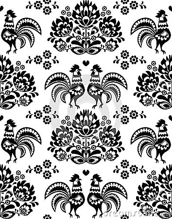 Seamless Polish, Slavic black folk art pattern with roosters - Wzory Lowickie, wycinanka