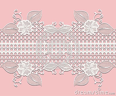 Seamless white lace ribbon with floral elements for design greeting cards or wedding invitations isolated on pink