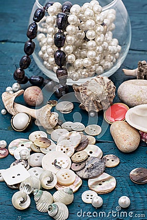 Seashells and sewing accessories