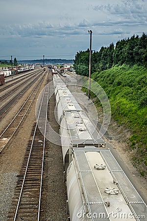 Seattle Interbay train yard train cars passing