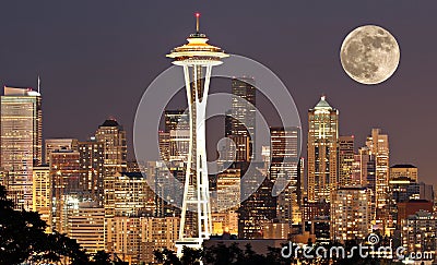 Seattle at night with moon