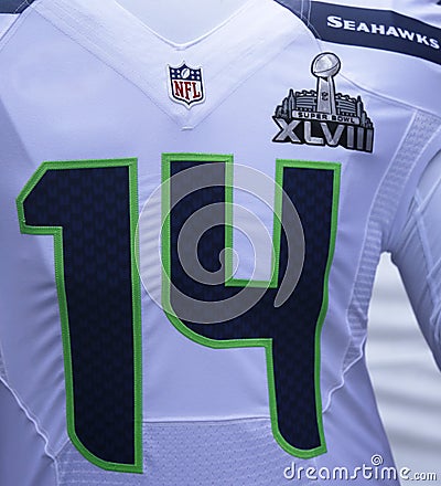 Seattle Seahawks team uniform with Super Bowl XLVIII logo presented during Super Bowl XLVIII week in Manhattan