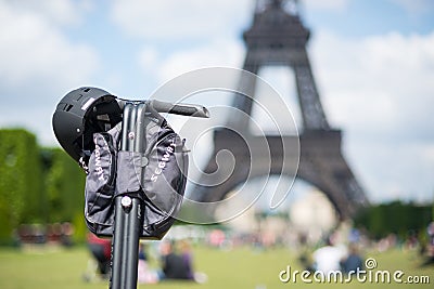 Segway parked in front the Eiffel Tower in Paris.