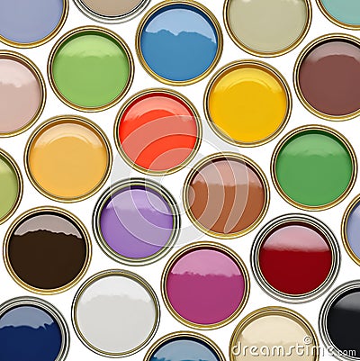 Selection of open paint tins with many colors