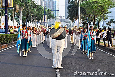 Senior high school marching band in action