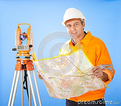 Senior land surveyor with theodolite