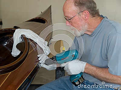 Senior Man Building Wood Strip Kayak Royalty Free Stock Image - Image