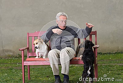 Senior man plays with pets