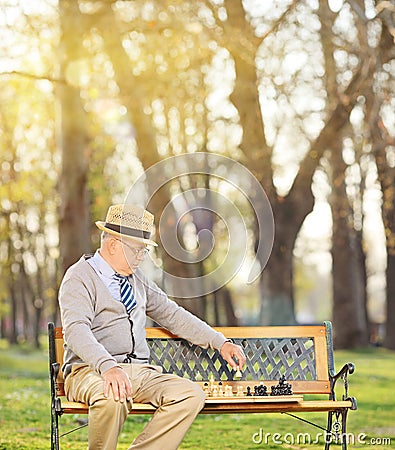 Senior playing chess alone in park