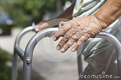 Senior woman using a walker cross street