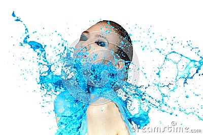 Sensual woman and big paint waves. Blue splash