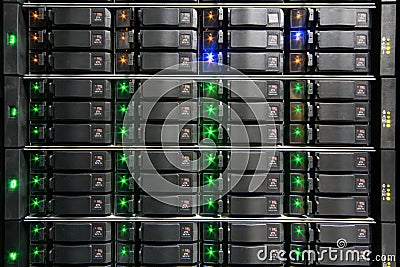 Server rack with hard drives.
