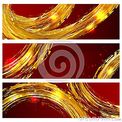 Set of abstract banners with golden brush strokes