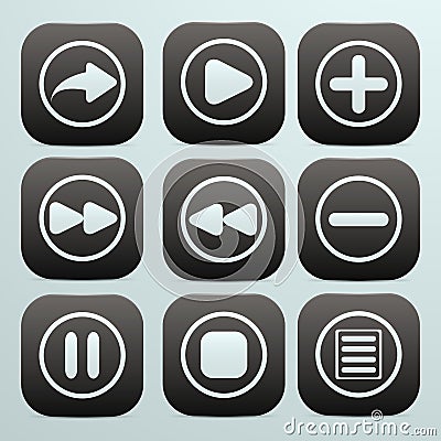 Set of buttons in black with white icons on them o