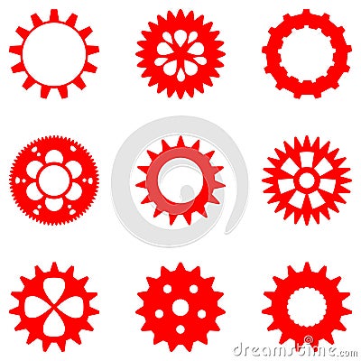 Set of different gears in red color, isolated