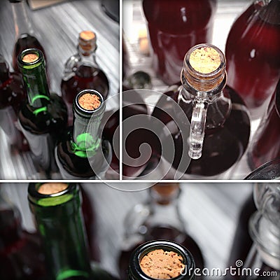 Set of home made wine bottles details