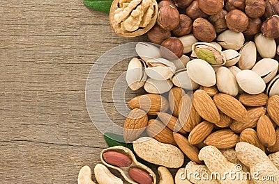 Set Of Nuts Fruit On Wood Background Stock P