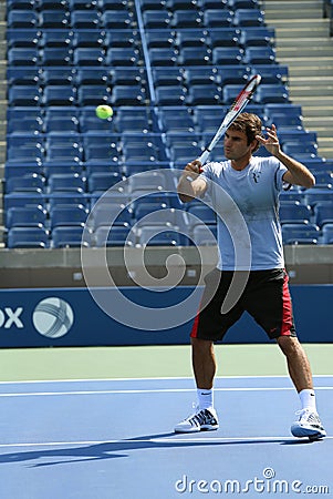 Seventeen times Grand Slam champion Roger Federer practices for US Open 2013 at Arthur Ashe Stadium