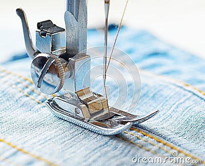 Sewing machine and blue jeans fabric