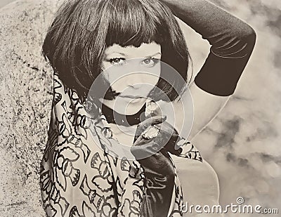 Sexy beautiful pretty woman with black bob retro vintage sepia