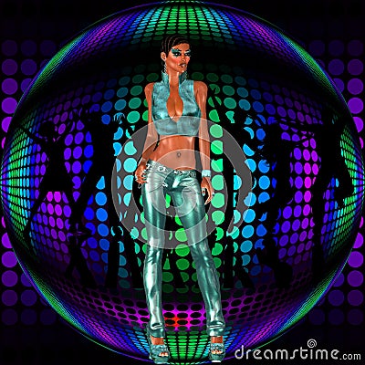 Sexy club girl stands before a retro disco dance ball
