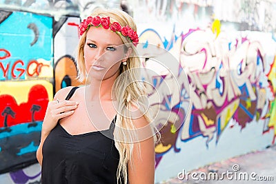 Sexy Girl with flower headband and graffiti
