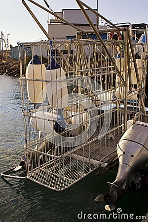 Shark cage diving boat with cage