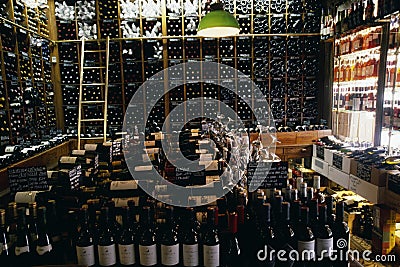 Shelves of wine bottles in a wine store