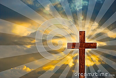 Shining wooden cross in sky