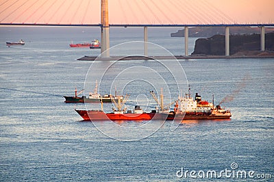 Ships at sunset in the Eastern Bosphorus Strait.