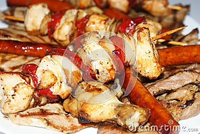 Shish kebab, sausages and meat