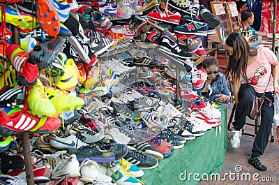 Shoe shops in Chatuchak Market. Bangkok Thailand.