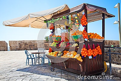 Shop with fresh fruits juices in Akko,, Israel