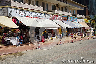 Shops selling clothing, jewelery, knitwear and souvenirs on the Anatolian coast.