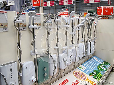 Shower units on display in a store.