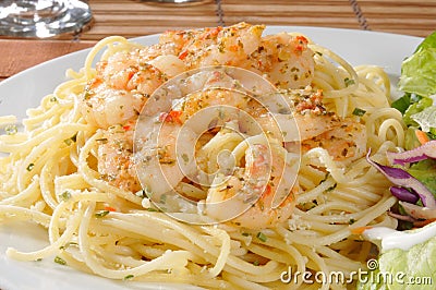 Shrimp scampi on pasta