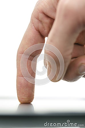 Side view of male hand using mobile smart phone