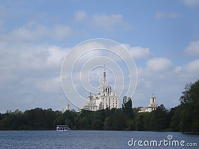 Side view of Press House in Bucharest, over Herastrau lake