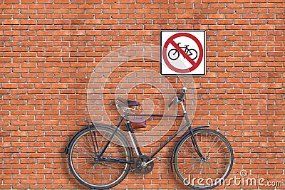 Sign. Brick wall and bicycle