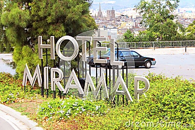 Signboard Miramar Hotel and view of Barcelona