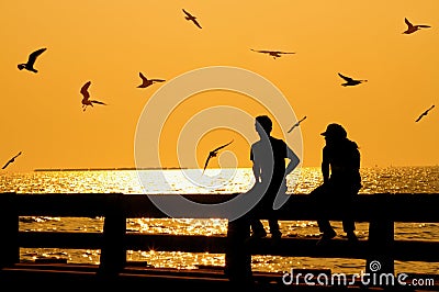 Silhouette of couple with birds on bridge