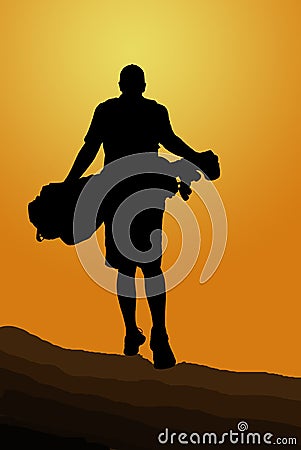 Silhouette of golfer walking away with golf bag into the sunset